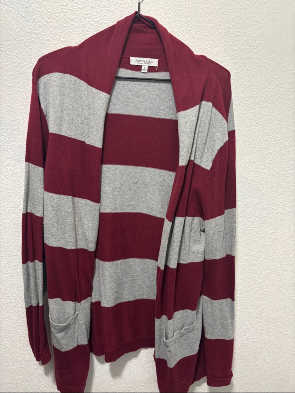 Active USA Burgundy and Light Gray Striped Open Cardigan